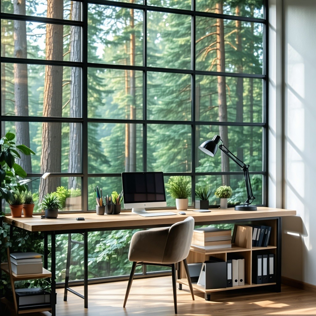 show a clean modern work from home office with big windows and view of the forest