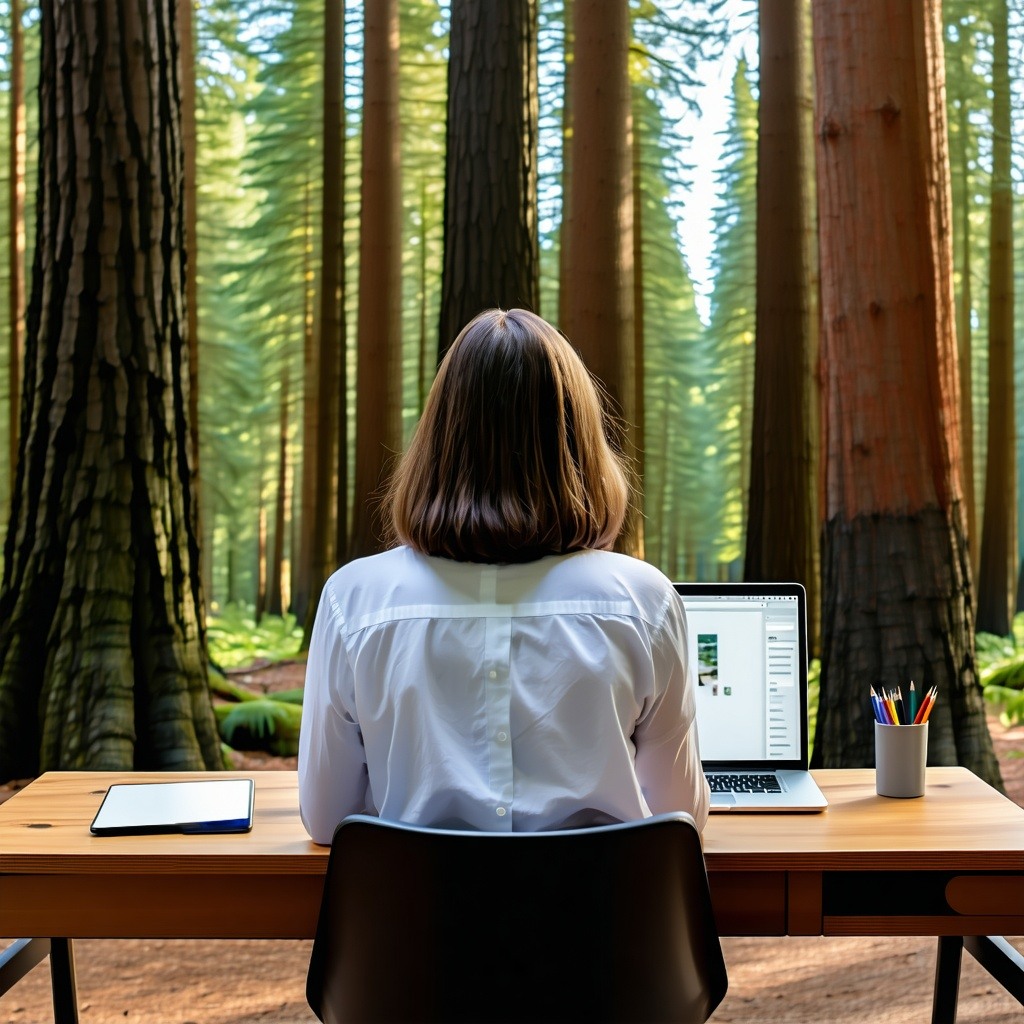 woman casually working in the forrest